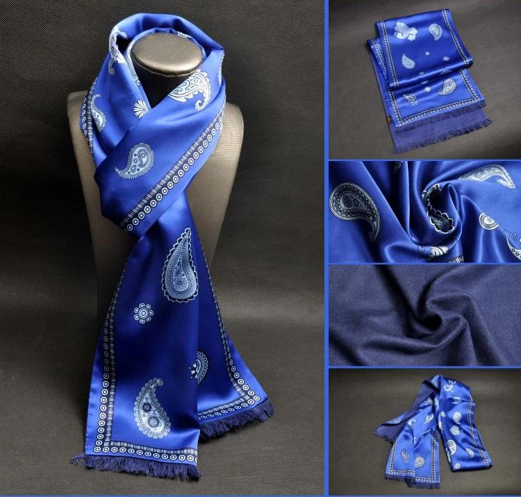 Mens 100 Silk Scarf Paisley Soft Nap Long Neckerchief Double Layer Wraps Blue